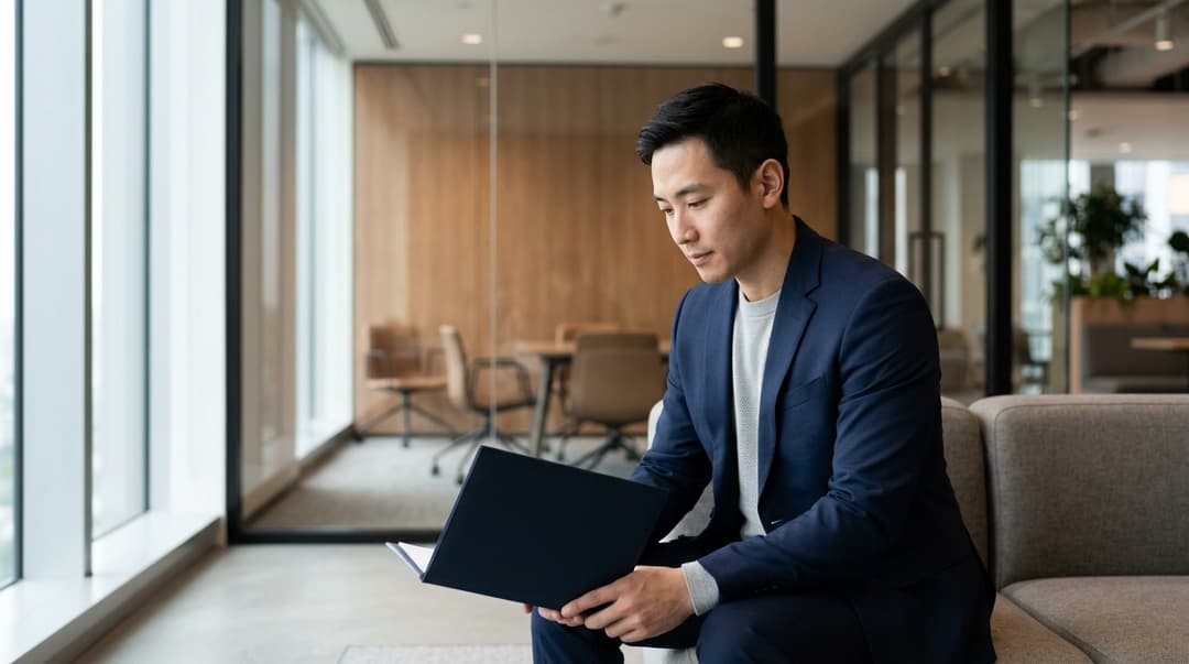 A professional reflecting after an interview in a modern office environment.