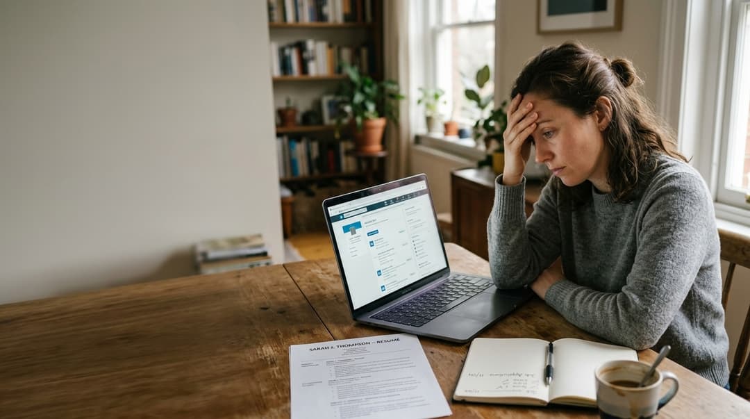 A tired professional sitting at a desk, reflecting on a difficult job search.